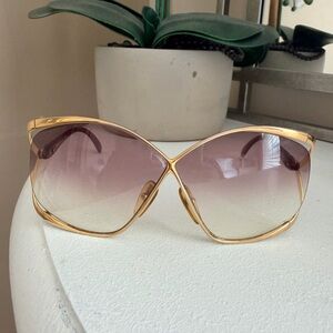 Dior Gold Frame Sunglasses with Purple Gradient Lenses and Red Temples